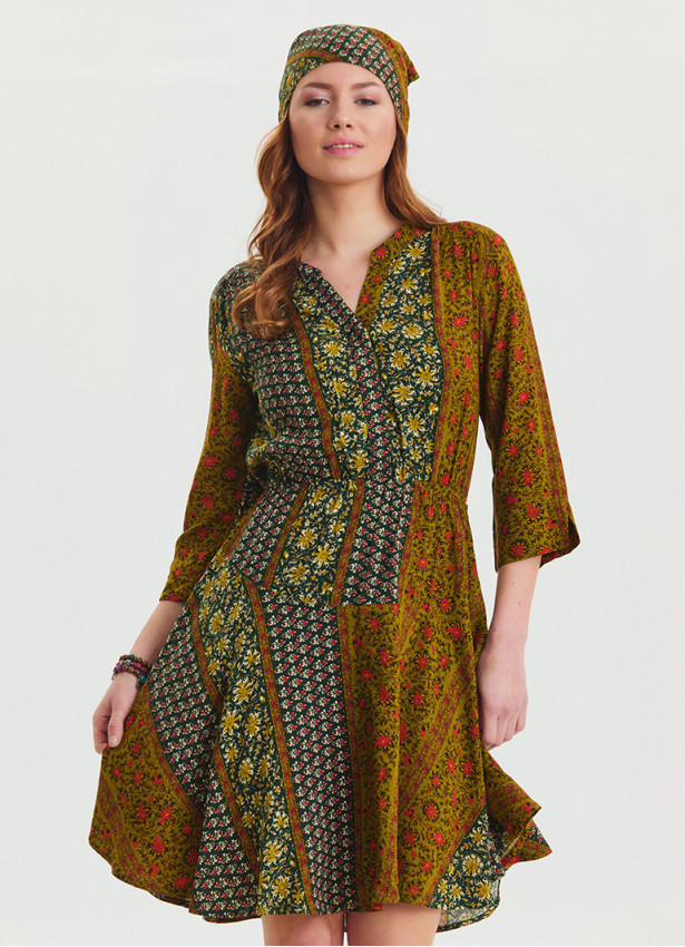 Green Patterned Midi Dress with Judge Collar and Button Detail 4462